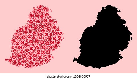 Vector pandemic virus mosaic and solid map of Mauritius Island. Map of Mauritius Island vector mosaic for hospital campaigns and agitation. Map of Mauritius Island is designed from red virus icons.