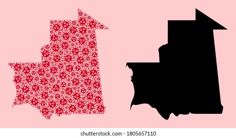 Vector pandemic virus mosaic and solid map of Mauritania. Map of Mauritania vector mosaic for clinic campaigns and proclamations. Map of Mauritania is created from red pandemic virus particles.