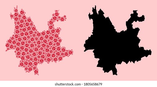 Vector pandemic virus mosaic and solid map of Yunnan Province. Map of Yunnan Province vector mosaic for quarantine campaigns and projects.