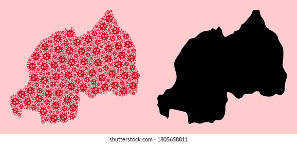 Vector pandemic virus mosaic and solid map of Rwanda. Map of Rwanda vector mosaic for geographic campaigns and doctrines. Map of Rwanda is designed from red pandemic virus parts.
