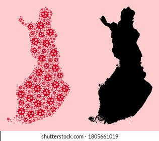 Mosaico de virus de pandemia vectorial y mapa sólido de Finlandia. Mapa del mosaico vectorial de Finlandia para campañas y proclamas de medicina. El mapa de Finlandia está diseñado con partículas de virus rojos.