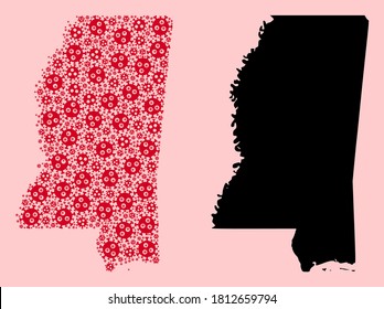 Vector pandemic virus mosaic and solid map of Mississippi State. Map of Mississippi State vector mosaic for lockdown campaigns and posters.