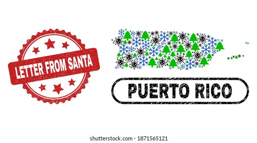 Vector pandemic winter collage Puerto Rico map and Letter from Santa corroded seal. Letter from Santa seal uses rosette shape and red color.