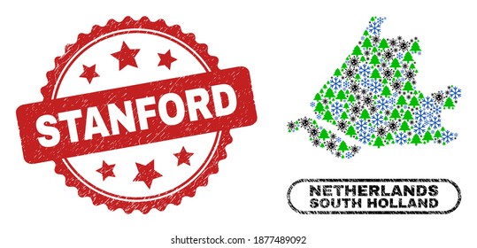 Vector pandemic winter collage South Holland map and Stanford dirty stamp seal. Stanford stamp seal uses rosette shape and red color.