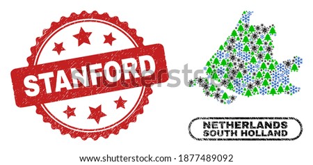 Vector pandemic winter collage South Holland map and Stanford dirty stamp seal. Stanford stamp seal uses rosette shape and red color.
