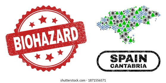 Mapa de la provincia de Cantabria con combinación de invierno de pandemia vectorial y sello de sellado corroído por Biohazard. El sello Biohazard usa forma de rosette y color rojo.