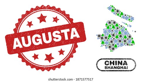 Vector pandemic winter mosaic Shanghai City map and Augusta corroded stamp seal. Augusta stamp seal uses rosette shape and red color.