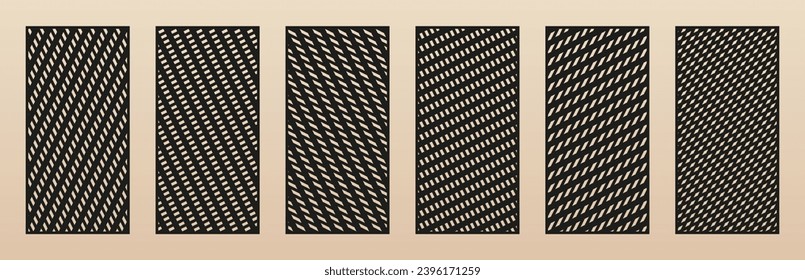 Vector panels for laser cut, CNC cutting. Cutout silhouette with abstract geometric pattern, grid, net, lines, stripes, lattice. Modern decorative stencil for wood, metal, paper. Aspect ratio 1:2