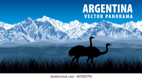 vector panorama of Argentina with nandu in pampas. 