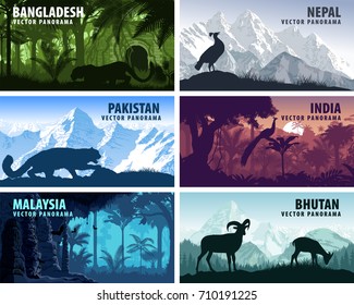 vector panorama of Bangladesh, Pakistan, Bhutan, Nepal, India and Malaysia with animals