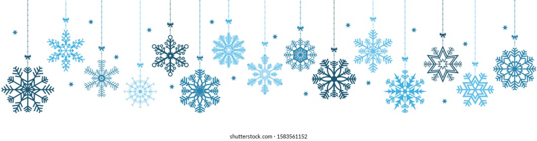 vector panorama banner with different hanging snow stars for christmas and winter time concepts and white colored background