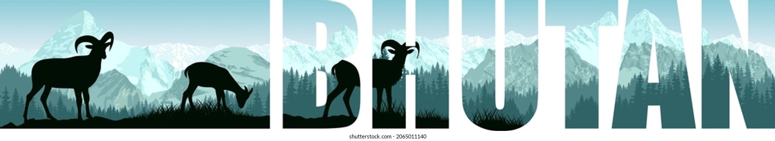 vector panorama of Bhutan with himalayan mountain goats