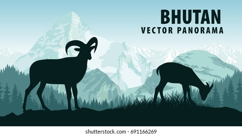 vector panorama of Bhutan with himalayan mountain goats