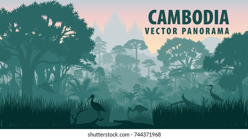 vector panorama of Cambodia with crocodile, herons and ibis in jungle rainforest wetland