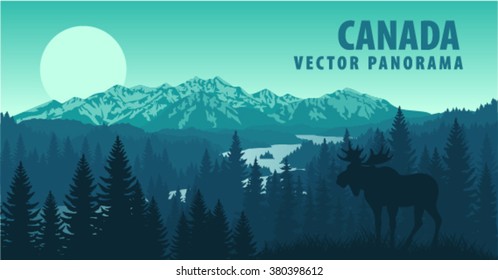 vector panorama of Canada with forest and Moose