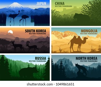 Vector panorama of China, Japan, North Korea, South Korea, Mongolia, Russia