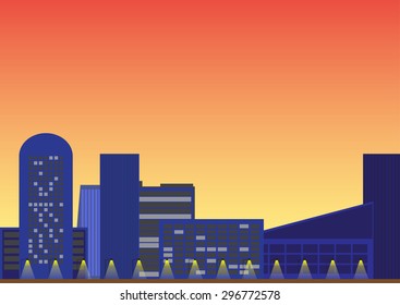 vector panorama of the city at sunset with the street and lamps
