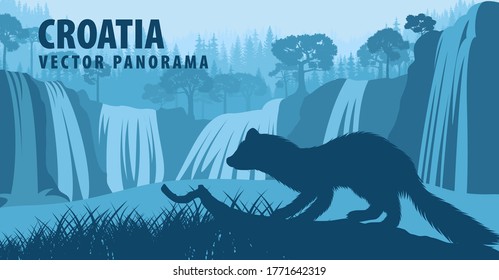 vector panorama of Croatia with pine marten and waterfalls	
