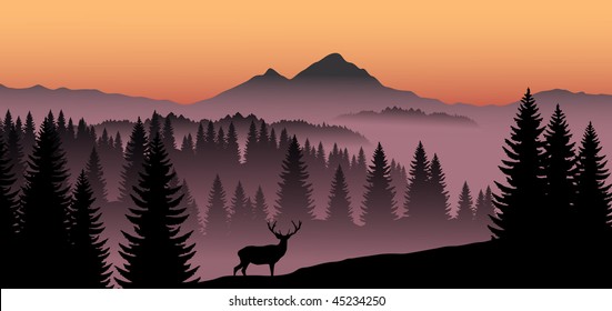 vector panorama of deer in mountains