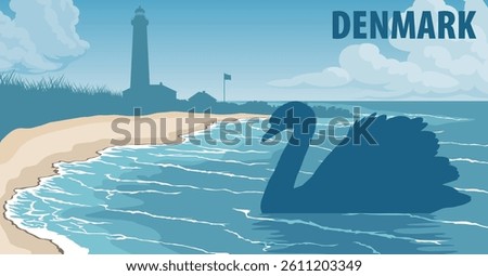 vector panorama of Denmark with mute swan near Skagen Lighthouse