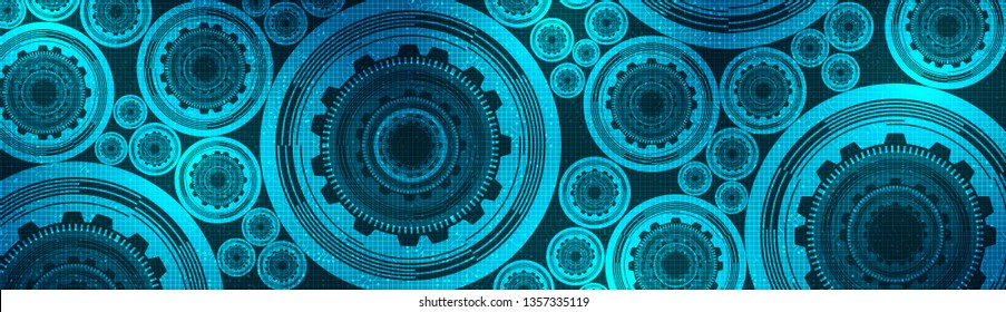 Vector Panorama Digital Technology Gears wheel and Cock with Circuit Line Background