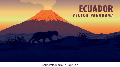 vector panorama of Ecuador mountains with Puma and volcano