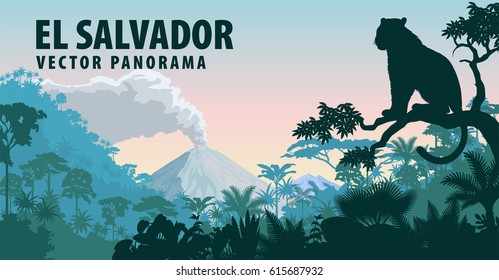 vector panorama of El Salvador with jungle raimforest and jaguar