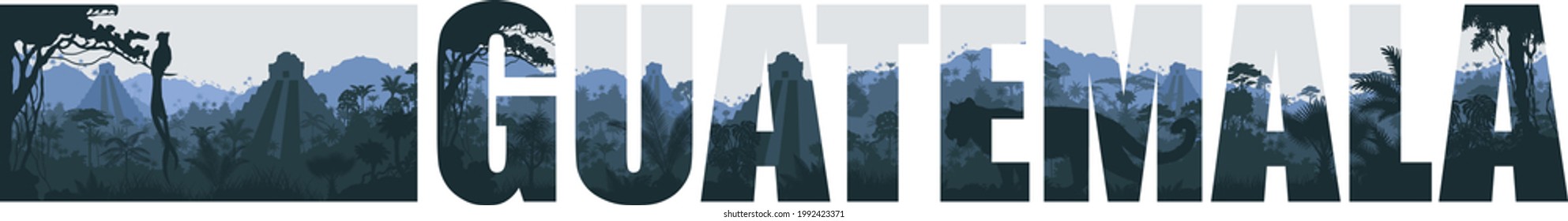 Vector panorama of Guatemala with Tikal pyramid, jaguar and  quetzal in Jungle Rainforest 