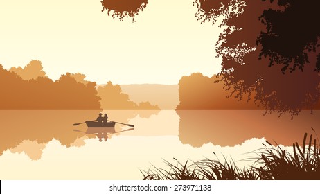 Vector panorama illustration of couple in boat on lake around trees.