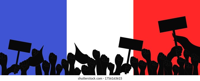 Vector - Panorama image. Group of crowd protester on France flag background. Many punch. Revolution, protest concept. Copy space.