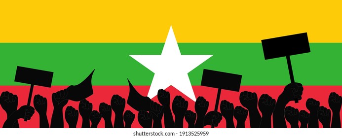 Vector - Panorama image. Group of crowd protester on Myanmar (Burma) flag background. Many fist or punch. Revolution, protest, strike concept. Copy space.