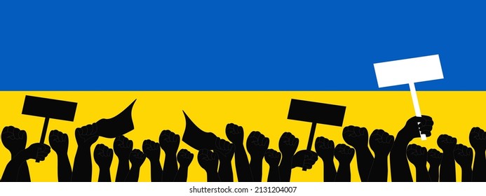 Vector - Panorama image. Group of crowd protester on Ukraine flag background. Many fist or punch. Revolution, protest, strike concept. Copy space.