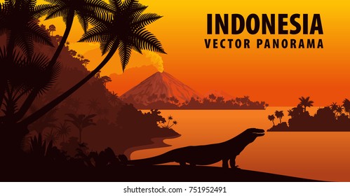 vector panorama of Indonesia with komodo dragon