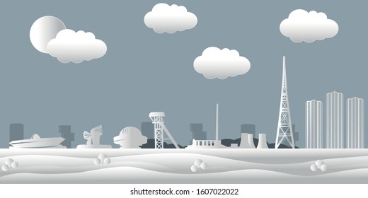 Vector panorama of an industrial city. Panorama of the city of Katowice in Poland in Silesia. Against a blue background, a city with a mine, a tower and tall buildings.