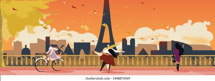 Vector panorama landscape of Joyful scene of Paris France in mid summer or Autumn.People activities in the road or park with Eiffel Tower background.Teenage riding bicycle.Lover dancing.Lady smoking.