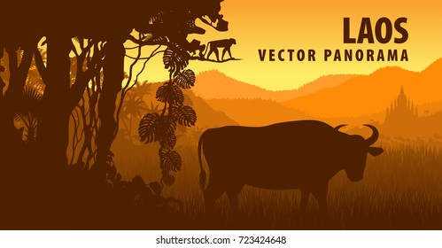 vector panorama of Laos with gaur and monkey in jungle