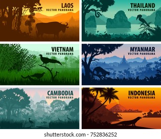 Vector panorama of Laos, Vietnam, Cambodia, Thailand, Myanmar, Indonesia