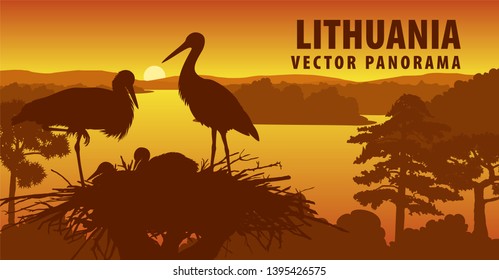 vector panorama of Lithuania with family of storks in the nest