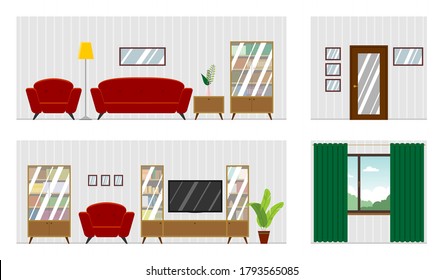 Vector panorama of the living room interior with furniture; room scan. Four walls; window, door, comfortable sofa, armchairs, bookcase, TV, houseplant. Flat style vector illustration.