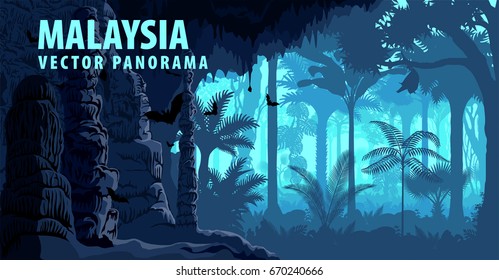 vector panorama of Malaysia with jungle raimforest, carst cave and bats