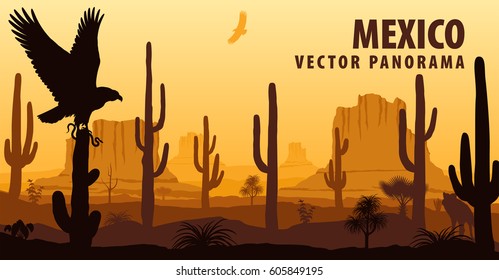 vector panorama of Mexico with eagle in desert