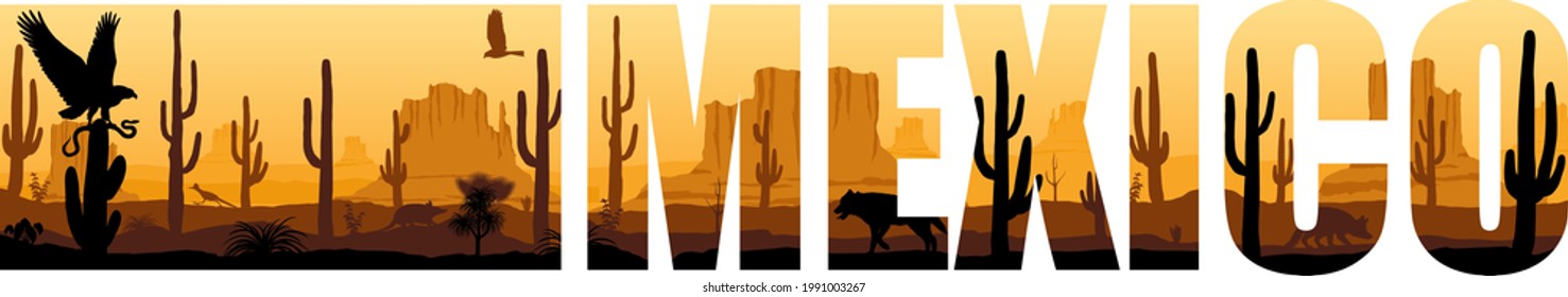 vector panorama of Mexico with eagle, Mexican wolf and roadrunner in desert