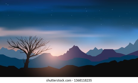 Vector panorama mountain landscape with a lonely tree