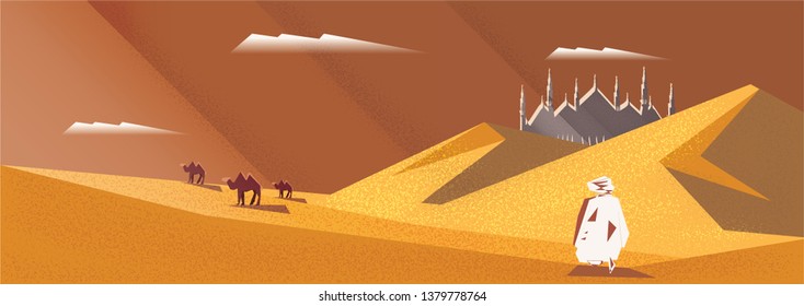 Vector Panorama of Muslim Man Making Traditional Prayer To God in Ramadan celebration Panoramic scene of traveler Muslim life in the desert. cartoon vector of mosque,dust,sand,desert and prayer.