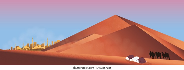 Vector Panorama of Muslim Man Making Traditional Prayer To God in Ramadan celebration Panoramic scene of traveler Muslim life in the desert. cartoon vector of mosque,dust,sand,desert and prayer.