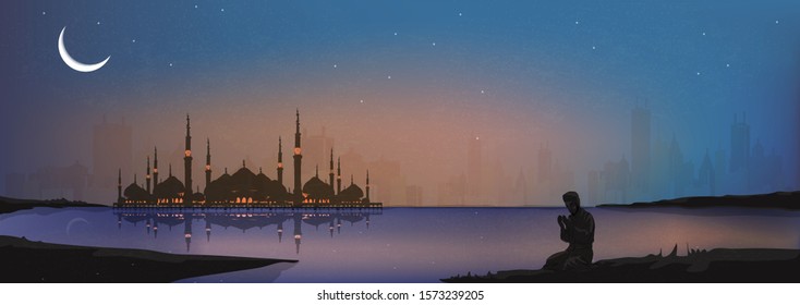 Vector Panorama of ,Muslim Man Making Traditional Pray To God in Ramadan night by the river with mosque.vector background with  Cityscape,dusk,twilight,Muslim pray in Ramadan or modern Muslim concept.