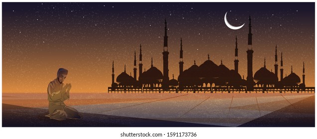 Vector Panorama of ,Muslim Man Making Traditional Pray To God in Ramadan night with mosque.vector background with  dusk,twilight,Muslim pray in Ramadan or modern Muslim concept.