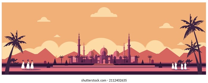 Vector Panorama of Muslim Man Making Traditional Prayer To God in Ramadan celebration Panoramic scene of traveler Muslim life in the desert. cartoon vector of mosque,dust,sand,desert and prayer.