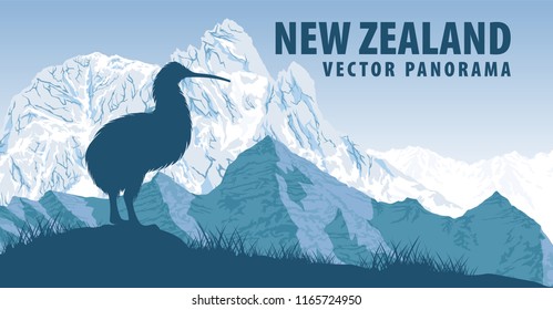 vector panorama of New Zealand with kiwi bird and Aoraki mountain