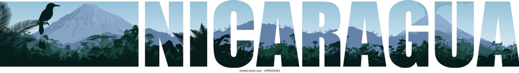 Vector Panorama Of Nicaragua With Vulcano In Jungle Rainforest And Turquoise Browed Motmot 